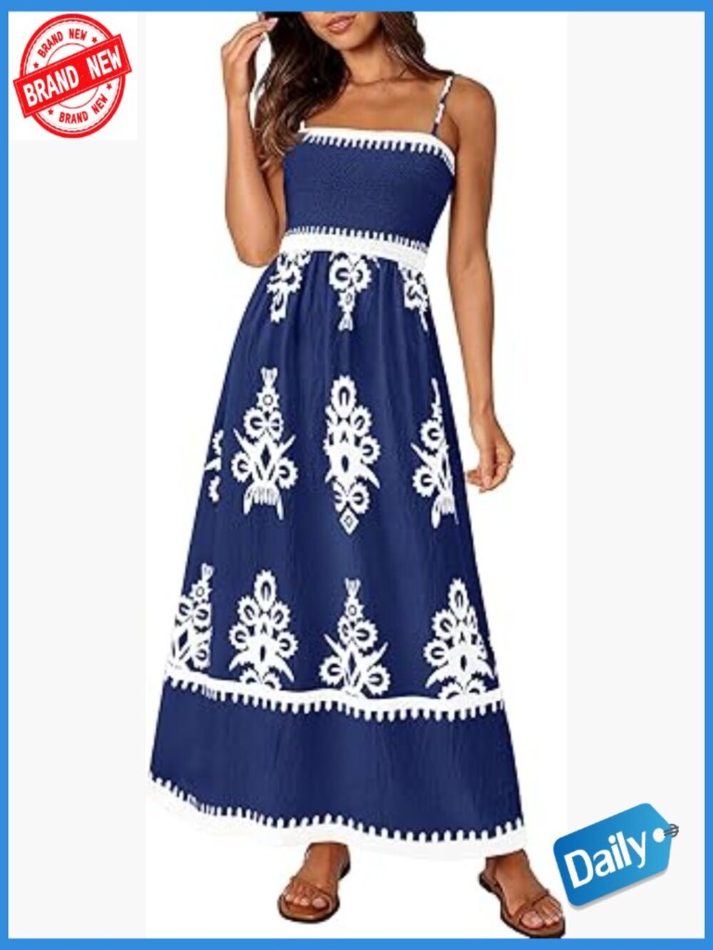 Flowy Boho Maxi Dress Spaghetti Strap Sundress Smocked Pockets